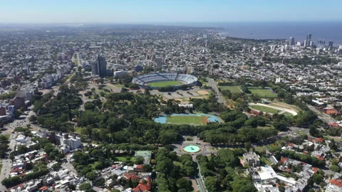 Aerial shot in Montevideo, Uruguay over Nacional Stadium Stock Footage