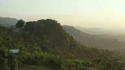 Aerial shot of a mountain surrounded by forest at sunset, in Ethiopia Stock Footage 205911467