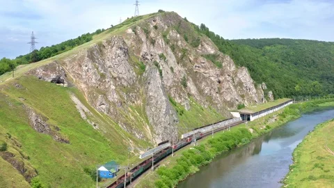 Aerial shot of a moving freight train. 스톡 동영상 119069470