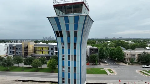 Aerial shot Mueller Control Tower District of the old Mueller Tower Stock Footage 281903041