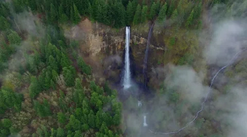 Aerial shot Multnomah Falls Oregon Stock Footage