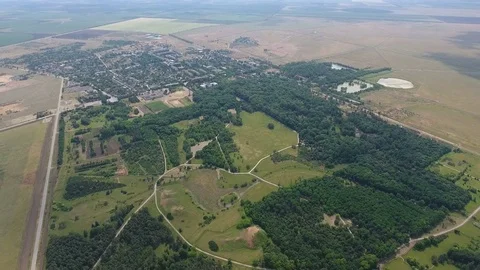 Aerial shot of a nice meadow and pine forest between plowed fields in summer Stock Footage