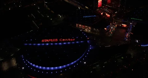 Aerial shot, night, top down view of staples center, ritz carlton, and Stock Footage 115288376