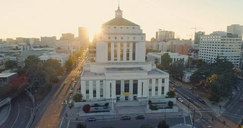 Aerial Shot Of Oakland City and  Courthouse Lake Merritt At Sunset Stock Footage