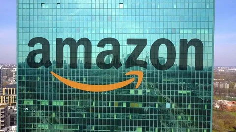 Aerial shot of office skyscraper with Amazon.com logo. Modern office building Stock Footage 74281942