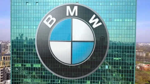 Aerial shot of office skyscraper with BMW logo. Modern office building Stock Footage