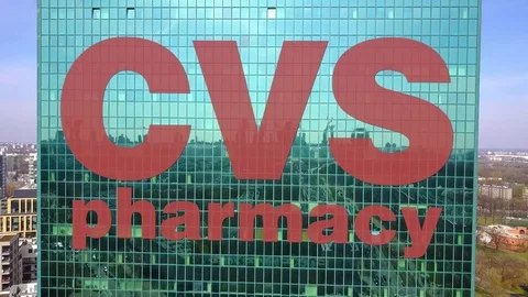 Aerial shot of office skyscraper with CVS Health logo. Modern office building Stock Footage