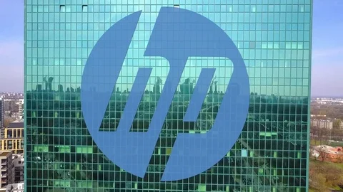 Aerial shot of office skyscraper with HP Inc. logo. Modern office building Stock Footage