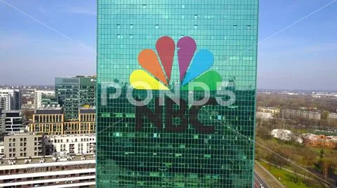Aerial shot of office skyscraper with National Broadcasting Company NBC logo Stock Photos