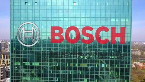 Aerial shot of office skyscraper with Robert Bosch GmbH logo. Modern office Stock Footage 74294060