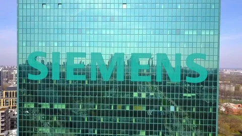 Aerial shot of office skyscraper with Siemens logo. Modern office building Stock Footage