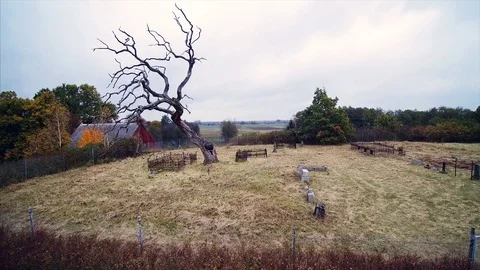 Aerial shot of an old graveyard during cloudy day Stock Footage 81277949