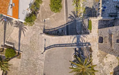 Aerial shot of the Old medieval tower of Korcula town Stock-Fotos