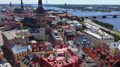 Aerial shot old town Riga skyline Stock Footage 345721789