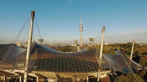 Aerial shot of the Olympic Stadium in Munich Stock Footage