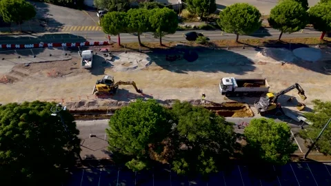 Aerial shot of ongoing works upgrading a new Odysseum tramway in France Stock Footage 310924078