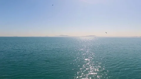 Aerial Shot Of Open Sea. Flight Over Sea With Seagulls Stock Footage
