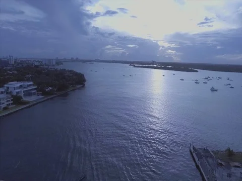 Aerial shot over bridge by water in Miami Stock Footage 70355683
