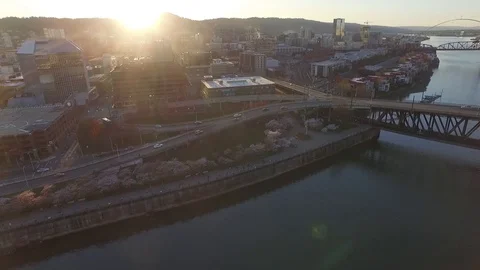 Aerial shot over City at Sunset Stock Footage