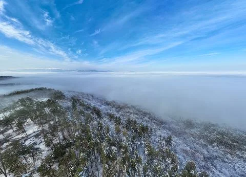 Aerial shot over the clouds while sunrise sky. Foto stock