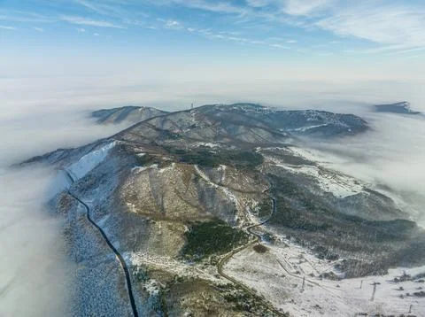 Aerial shot over the clouds while sunrise sky. Foto stock