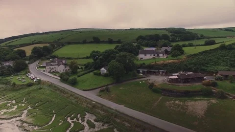 Aerial shot over fields in Wales Stock Footage 90566044