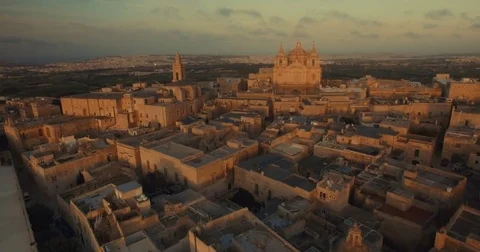 Aerial shot over Mdina during sunset Stock Footage 73467441