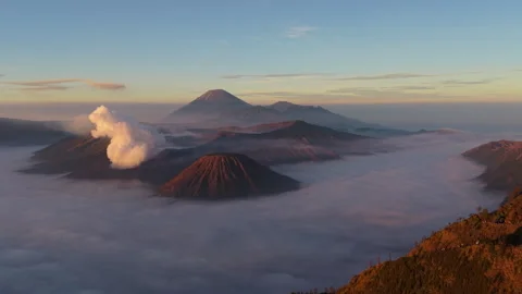 Aerial shot over Mount Bromo Sunrise Stock Footage 340966567