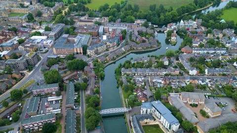 Aerial shot over the River Thames near Follys Bridge Oxford Oxfordshire. UK Stock Footage 338308275