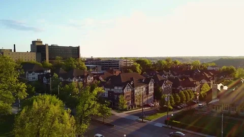 Aerial Shot over Small Apartments at Sunset | University of Cincinnati Stock Footage