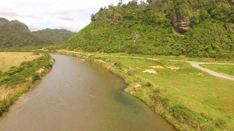 Aerial shot over small river at the rain forest,New Zealand South Island Stock Footage 101370283