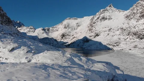 Aerial shot over a snow covered lake with mountains in the backgrounds Stock Footage 106924864