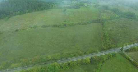 Aerial shot Panoramic view of meadows and fields in Europe, field and forest in Stock Footage 73642018