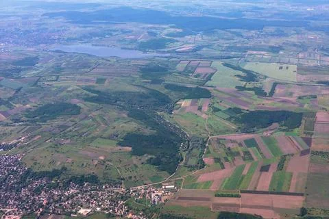 Aerial shot of patchwork of fields and villages 스톡 사진