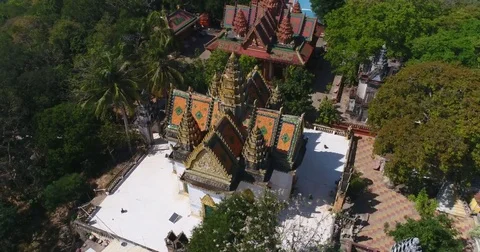 Aerial shot of the Phnom Suntuk temples on top of the mountain Stock Footage