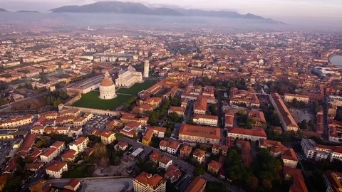 Aerial shot, Piazza dei Miracoli in Pisa city in Tuscany, Italy, filmed w Stock Footage