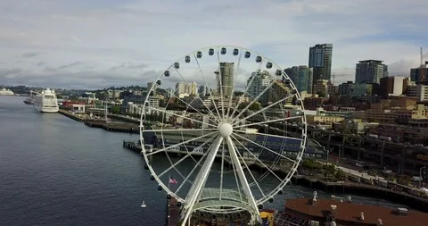 Aerial shot of the pier on pikes place market in downtown seattle Stock Footage