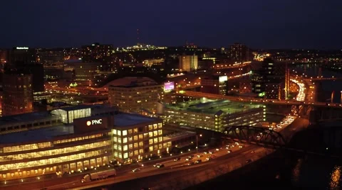 Aerial shot of Pittsburgh at night featuring city and Fort Pitt bridge Stock Footage 59376352