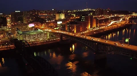 Aerial shot of Pittsburgh at night with Fort Pitt bridge and 376 East Stock Footage 59376002