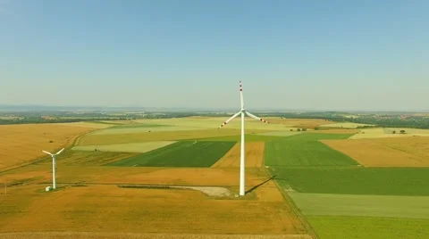 Aerial shot of Power Generating Windmills. Wind turbines producing clean energy. Video stock 52079074