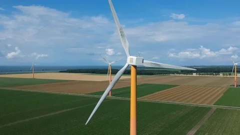 Aerial shot of Power Generating Windmills Stock Footage 88822017