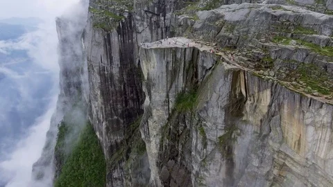 Aerial shot Preacher&#039;s Pulpit or Pulpit Rock. Norway. General view. Tourists Stock Footage 79975676