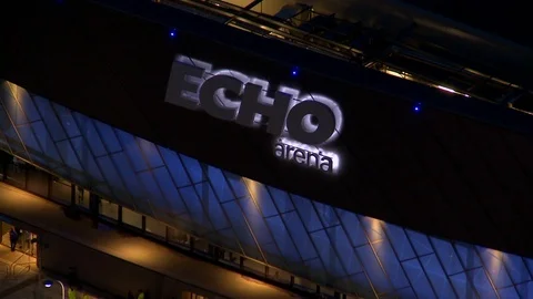 Aerial shot, Pull Back From Illuminated Echo Arena Sign, Night Stock Footage 107163320