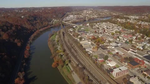 Aerial Shot Pulling Back from Beaver Falls, PA and New Brighton, PA Stock Footage 58333413