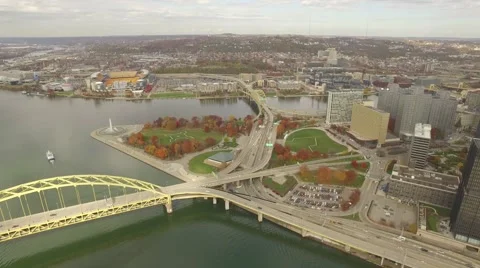 Aerial Shot Pulling Back from Liberty Bridge to Reveal Downtown Pittsburgh in A Stock Footage 57791129