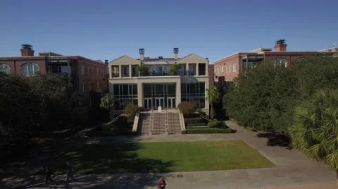 Aerial Shot Pulling Back to Reveal the Fountain of Riverfront Park in Charleston Stock Footage 57704125