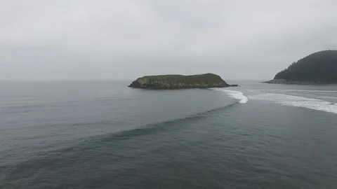 Aerial shot pulling back to reveal a man surfing in curry county Oregon Video stock 70401642