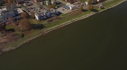 Aerial Shot Pulling Back from Riverfront of Bridgewater, Pennsylvania Stock Footage 58334472