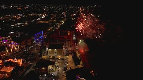 Aerial Shot Pulls Back From Fireworks Bursting Over Punda District Curacao Stock Footage 339110459