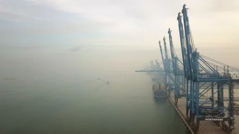 Aerial shot of Quay Cranes at Container Port, Port Klang, Malaysia Stock Footage 112402165
